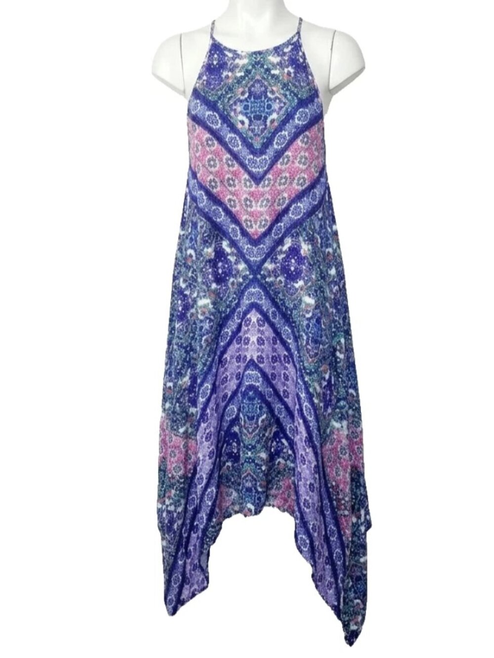 Japna Boho Floral Handkerchief Dress Womens Small Blue Orange Asymmetrical Midi
